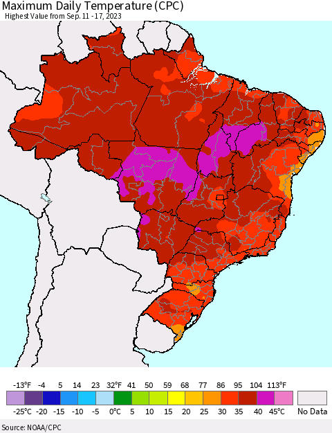 Brazil Maximum Daily Temperature (CPC) Thematic Map For 9/11/2023 - 9/17/2023