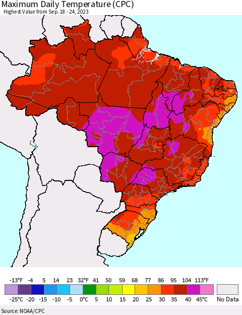 Brazil Maximum Daily Temperature (CPC) Thematic Map For 9/18/2023 - 9/24/2023