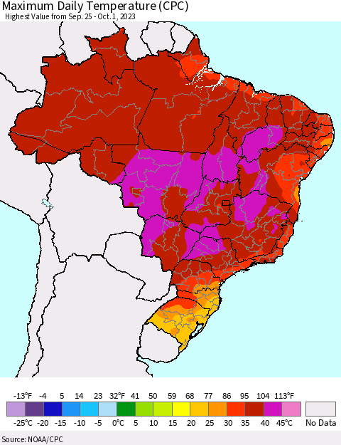 Brazil Maximum Daily Temperature (CPC) Thematic Map For 9/25/2023 - 10/1/2023
