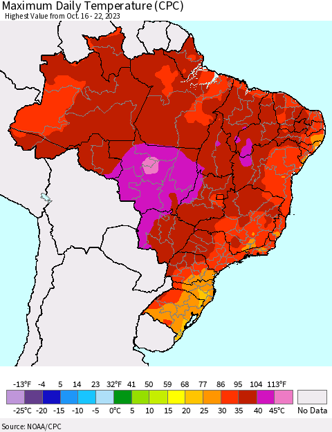 Brazil Maximum Daily Temperature (CPC) Thematic Map For 10/16/2023 - 10/22/2023