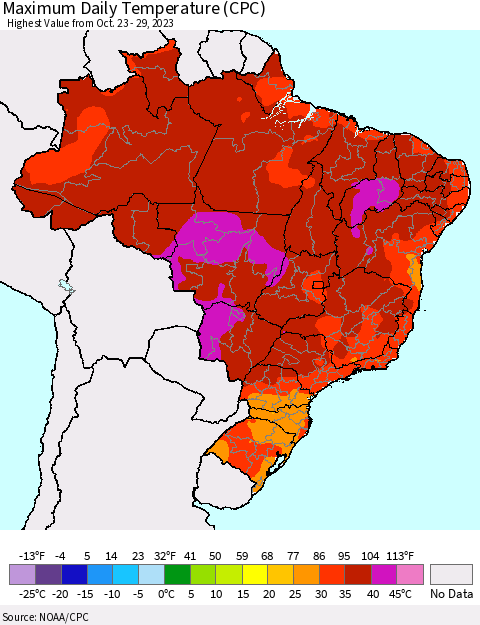 Brazil Maximum Daily Temperature (CPC) Thematic Map For 10/23/2023 - 10/29/2023