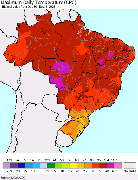 Brazil Maximum Daily Temperature (CPC) Thematic Map For 10/30/2023 - 11/5/2023