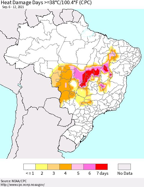 Brazil Heat Damage Days >=38°C/100°F (CPC) Thematic Map For 9/6/2021 - 9/12/2021
