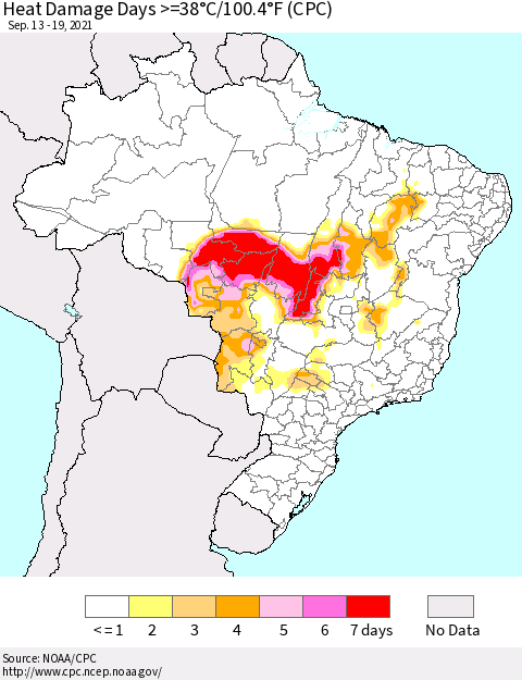 Brazil Heat Damage Days >=38°C/100°F (CPC) Thematic Map For 9/13/2021 - 9/19/2021