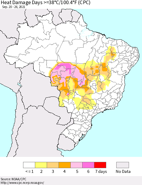 Brazil Heat Damage Days >=38°C/100°F (CPC) Thematic Map For 9/20/2021 - 9/26/2021