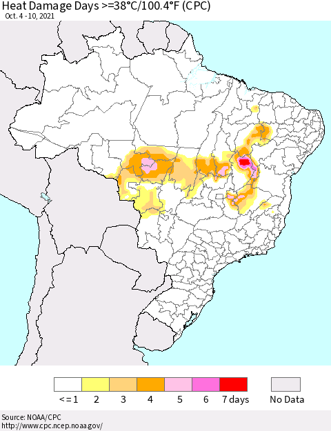 Brazil Heat Damage Days >=38°C/100°F (CPC) Thematic Map For 10/4/2021 - 10/10/2021