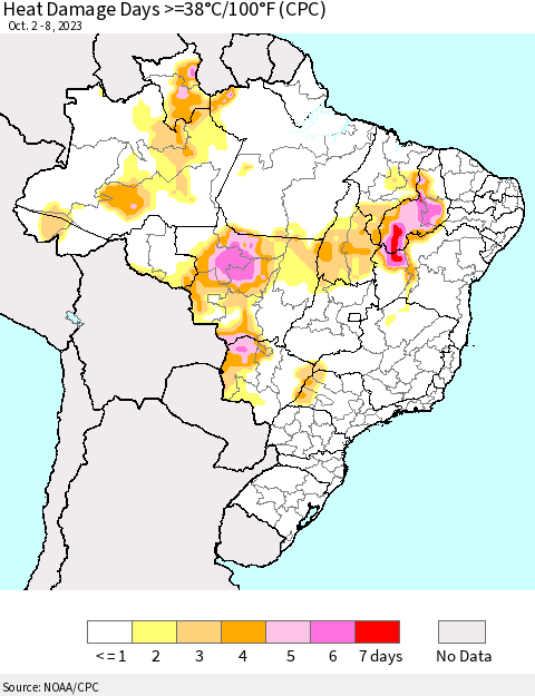 Brazil Heat Damage Days >=38°C/100°F (CPC) Thematic Map For 10/2/2023 - 10/8/2023