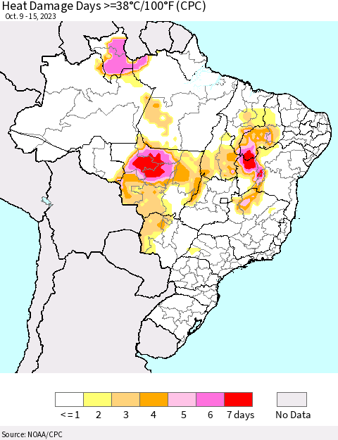 Brazil Heat Damage Days >=38°C/100°F (CPC) Thematic Map For 10/9/2023 - 10/15/2023