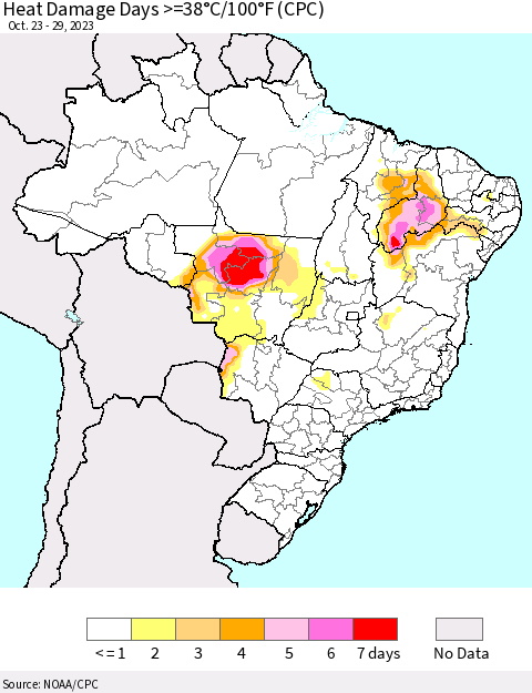 Brazil Heat Damage Days >=38°C/100°F (CPC) Thematic Map For 10/23/2023 - 10/29/2023
