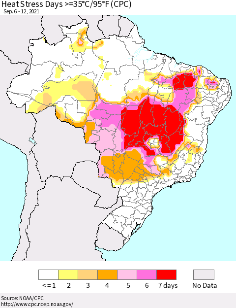 Brazil Heat Stress Days >=35°C/95°F (CPC) Thematic Map For 9/6/2021 - 9/12/2021