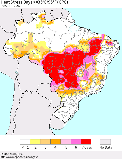 Brazil Heat Stress Days >=35°C/95°F (CPC) Thematic Map For 9/13/2021 - 9/19/2021