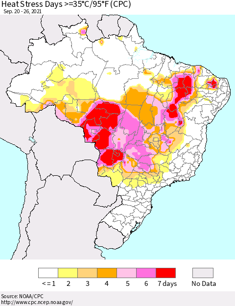 Brazil Heat Stress Days >=35°C/95°F (CPC) Thematic Map For 9/20/2021 - 9/26/2021