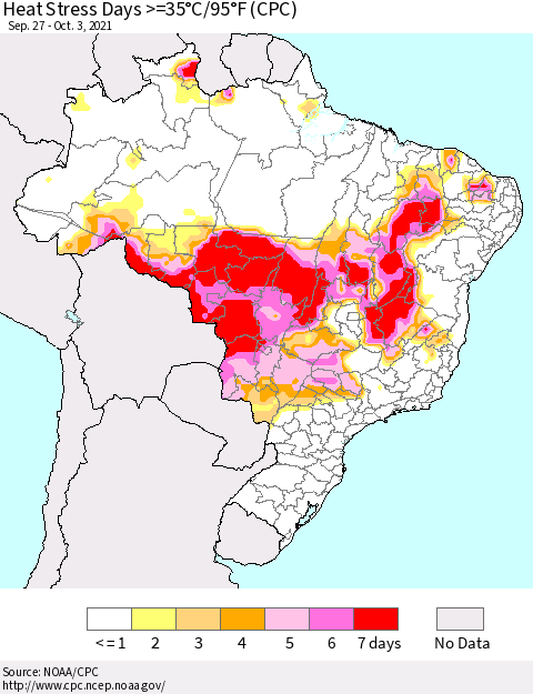 Brazil Heat Stress Days >=35°C/95°F (CPC) Thematic Map For 9/27/2021 - 10/3/2021