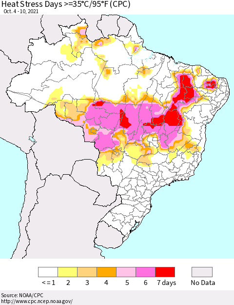 Brazil Heat Stress Days >=35°C/95°F (CPC) Thematic Map For 10/4/2021 - 10/10/2021