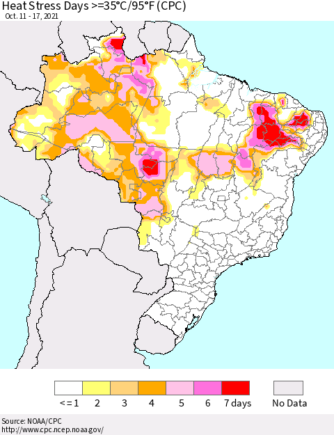 Brazil Heat Stress Days >=35°C/95°F (CPC) Thematic Map For 10/11/2021 - 10/17/2021