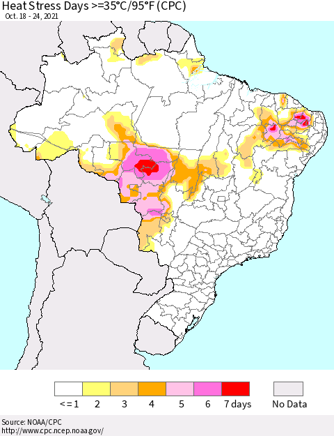 Brazil Heat Stress Days >=35°C/95°F (CPC) Thematic Map For 10/18/2021 - 10/24/2021