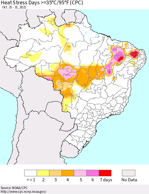 Brazil Heat Stress Days >=35°C/95°F (CPC) Thematic Map For 10/25/2021 - 10/31/2021