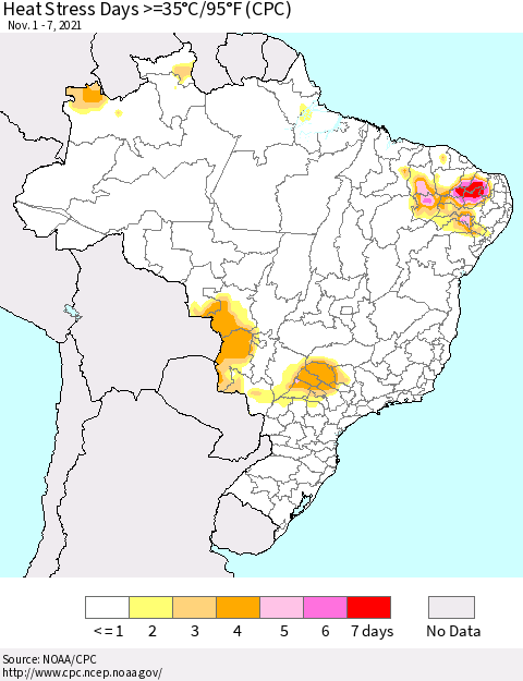 Brazil Heat Stress Days >=35°C/95°F (CPC) Thematic Map For 11/1/2021 - 11/7/2021
