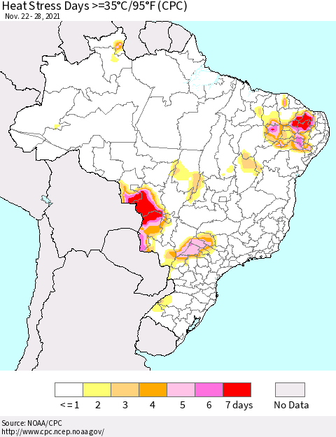 Brazil Heat Stress Days >=35°C/95°F (CPC) Thematic Map For 11/22/2021 - 11/28/2021