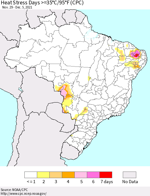 Brazil Heat Stress Days >=35°C/95°F (CPC) Thematic Map For 11/29/2021 - 12/5/2021