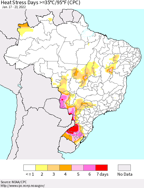 Brazil Heat Stress Days >=35°C/95°F (CPC) Thematic Map For 1/17/2022 - 1/23/2022