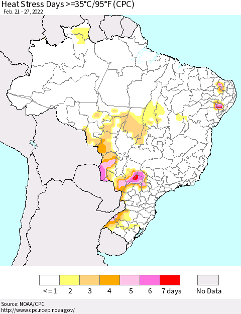 Brazil Heat Stress Days >=35°C/95°F (CPC) Thematic Map For 2/21/2022 - 2/27/2022