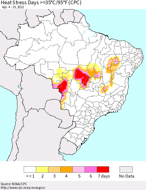 Brazil Heat Stress Days >=35°C/95°F (CPC) Thematic Map For 4/4/2022 - 4/10/2022