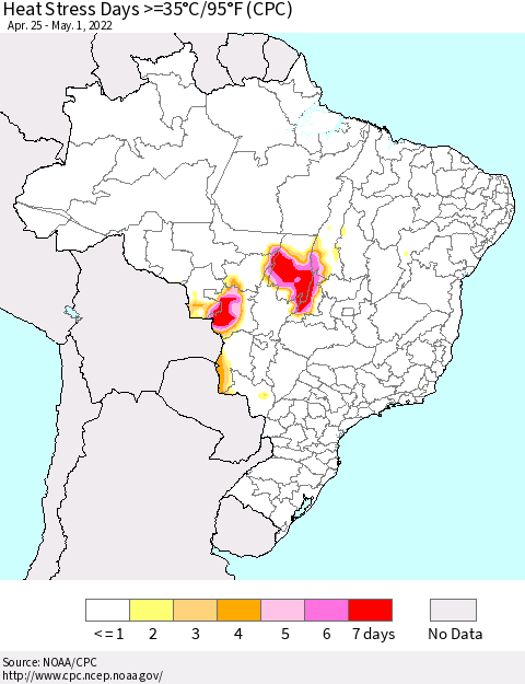 Brazil Heat Stress Days >=35°C/95°F (CPC) Thematic Map For 4/25/2022 - 5/1/2022