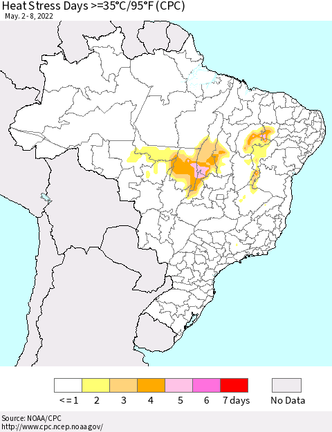 Brazil Heat Stress Days >=35°C/95°F (CPC) Thematic Map For 5/2/2022 - 5/8/2022