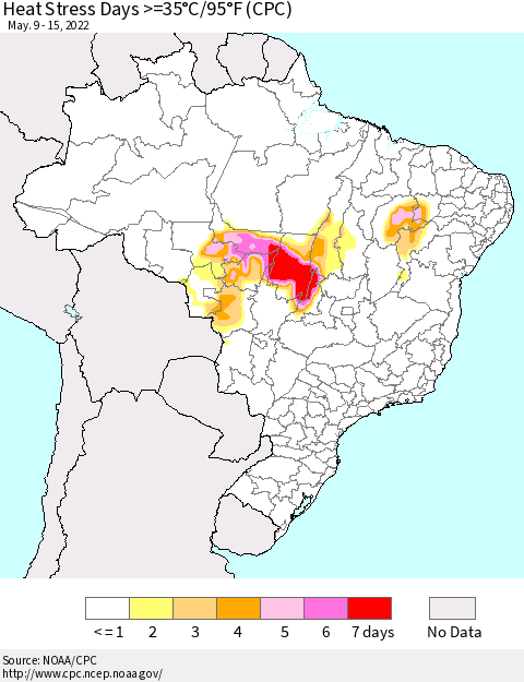 Brazil Heat Stress Days >=35°C/95°F (CPC) Thematic Map For 5/9/2022 - 5/15/2022