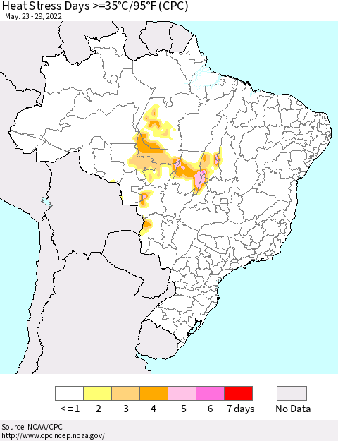 Brazil Heat Stress Days >=35°C/95°F (CPC) Thematic Map For 5/23/2022 - 5/29/2022