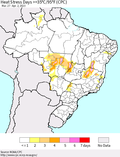 Brazil Heat Stress Days >=35°C/95°F (CPC) Thematic Map For 3/27/2023 - 4/2/2023