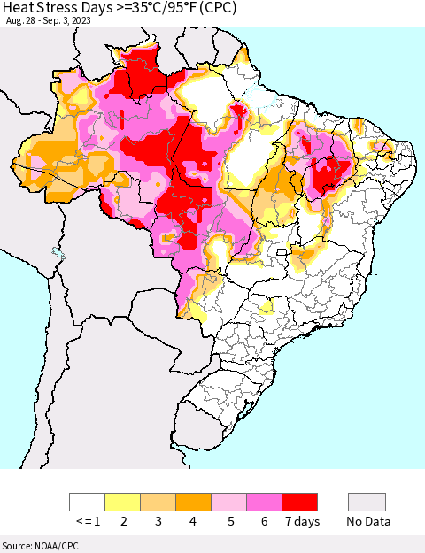 Brazil Heat Stress Days >=35°C/95°F (CPC) Thematic Map For 8/28/2023 - 9/3/2023