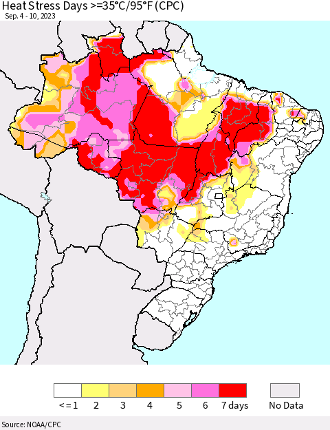 Brazil Heat Stress Days >=35°C/95°F (CPC) Thematic Map For 9/4/2023 - 9/10/2023
