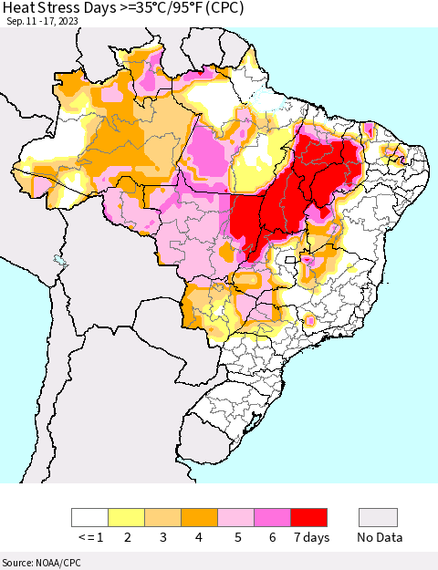 Brazil Heat Stress Days >=35°C/95°F (CPC) Thematic Map For 9/11/2023 - 9/17/2023