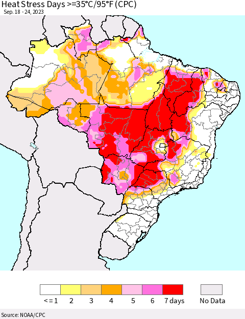 Brazil Heat Stress Days >=35°C/95°F (CPC) Thematic Map For 9/18/2023 - 9/24/2023