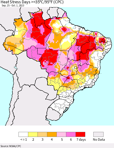 Brazil Heat Stress Days >=35°C/95°F (CPC) Thematic Map For 9/25/2023 - 10/1/2023