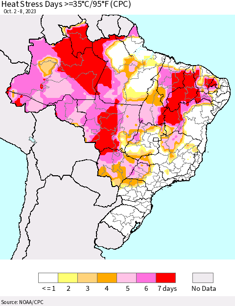 Brazil Heat Stress Days >=35°C/95°F (CPC) Thematic Map For 10/2/2023 - 10/8/2023