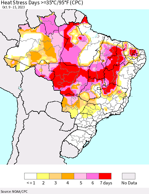 Brazil Heat Stress Days >=35°C/95°F (CPC) Thematic Map For 10/9/2023 - 10/15/2023