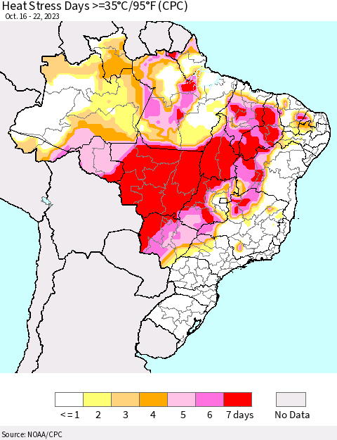Brazil Heat Stress Days >=35°C/95°F (CPC) Thematic Map For 10/16/2023 - 10/22/2023