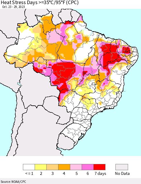 Brazil Heat Stress Days >=35°C/95°F (CPC) Thematic Map For 10/23/2023 - 10/29/2023
