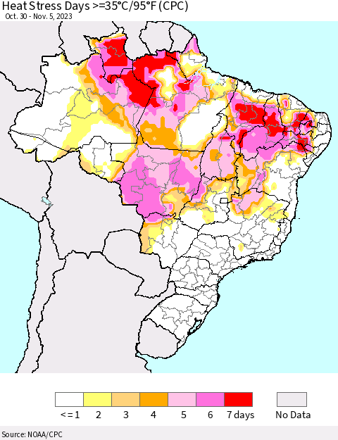 Brazil Heat Stress Days >=35°C/95°F (CPC) Thematic Map For 10/30/2023 - 11/5/2023