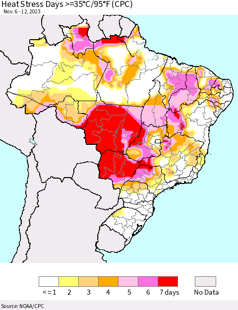Brazil Heat Stress Days >=35°C/95°F (CPC) Thematic Map For 11/6/2023 - 11/12/2023