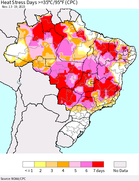 Brazil Heat Stress Days >=35°C/95°F (CPC) Thematic Map For 11/13/2023 - 11/19/2023