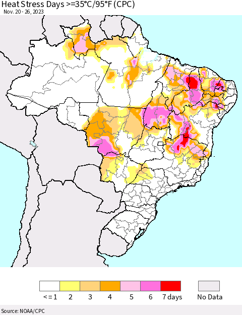 Brazil Heat Stress Days >=35°C/95°F (CPC) Thematic Map For 11/20/2023 - 11/26/2023