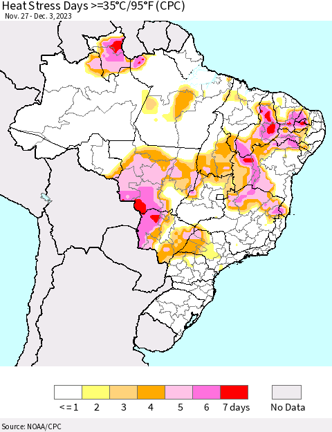Brazil Heat Stress Days >=35°C/95°F (CPC) Thematic Map For 11/27/2023 - 12/3/2023