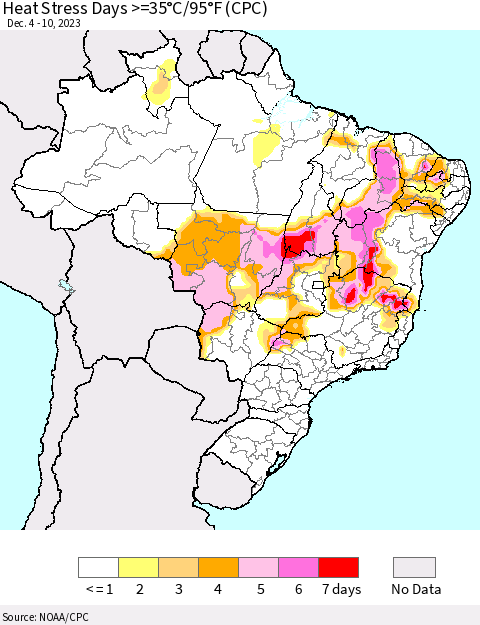 Brazil Heat Stress Days >=35°C/95°F (CPC) Thematic Map For 12/4/2023 - 12/10/2023
