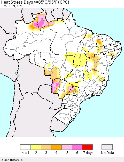 Brazil Heat Stress Days >=35°C/95°F (CPC) Thematic Map For 12/18/2023 - 12/24/2023