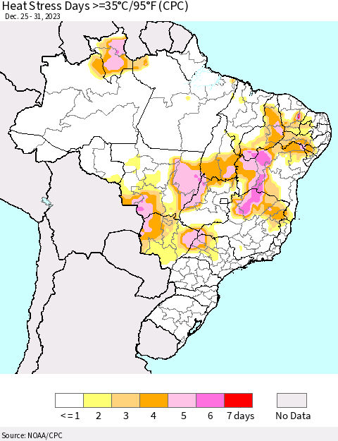 Brazil Heat Stress Days >=35°C/95°F (CPC) Thematic Map For 12/25/2023 - 12/31/2023