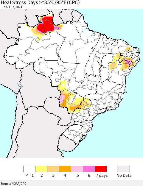 Brazil Heat Stress Days >=35°C/95°F (CPC) Thematic Map For 1/1/2024 - 1/7/2024